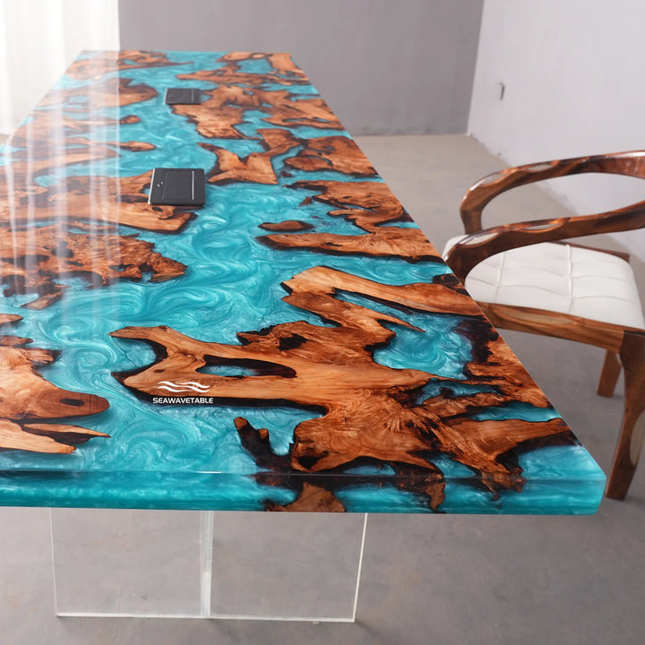 A Cunninghamia epoxy table with a handcrafted wood table top, showcasing precision resin casting, smooth finishing, and custom furniture production - SeaWaveTable
