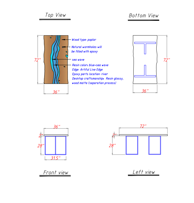 Technical diagram of custom poplar epoxy dining table showing dimensional specifications, live-edge profile, and resin river placement - SeawaveTable