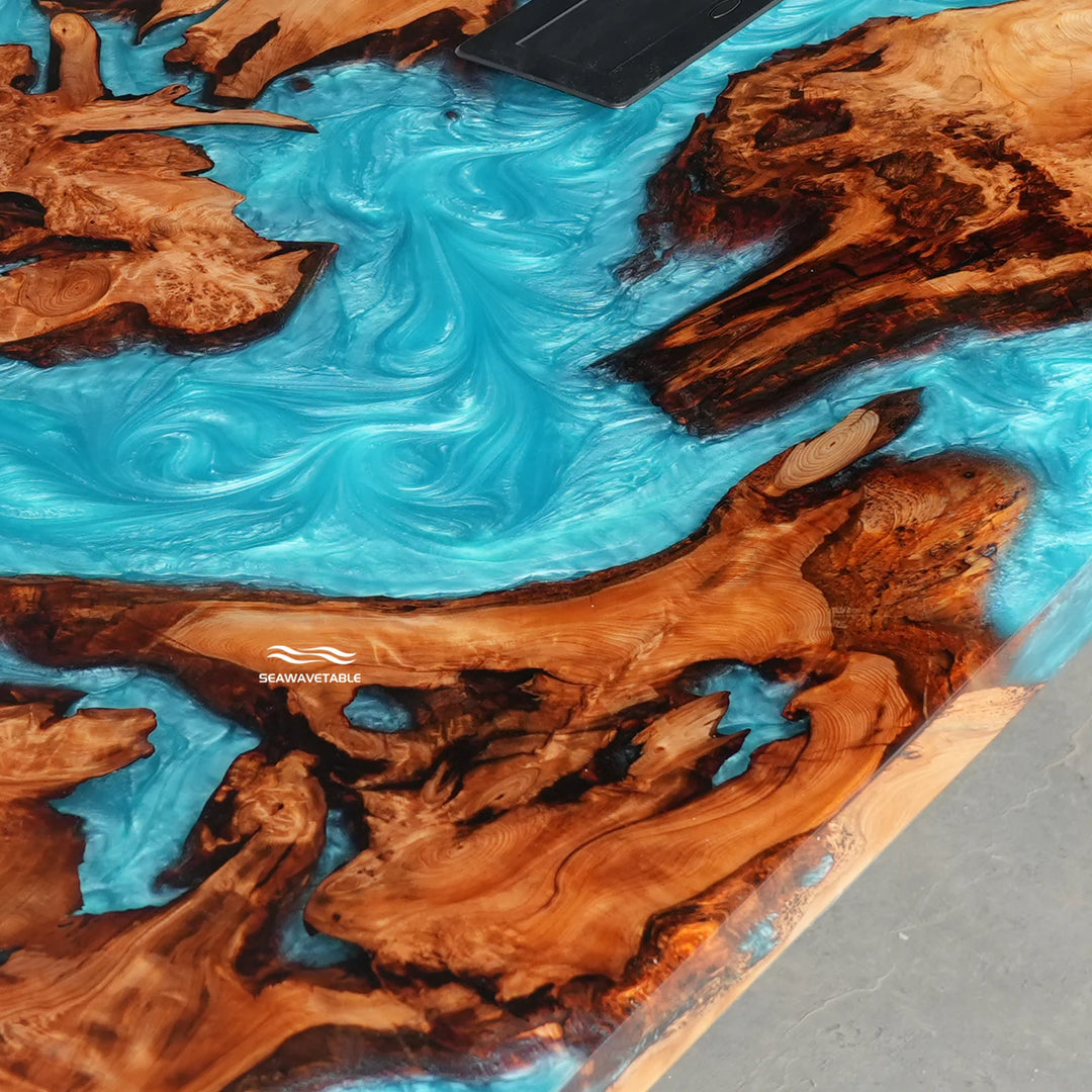 Close-up detail of a custom epoxy table top with Cunninghamia wood texture, smooth resin transitions, and premium handcrafted finishing - SeaWaveTable