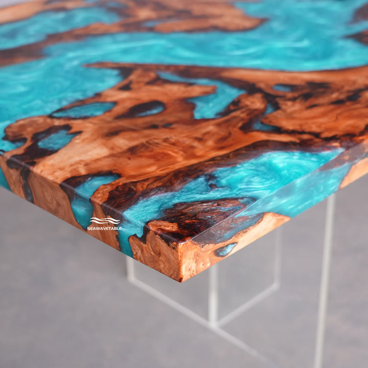 Detailed texture of a handcrafted epoxy table with Cunninghamia wood table top, highlighting the flowing resin design, organic wood patterns, and polished surface finish - SeaWaveTable