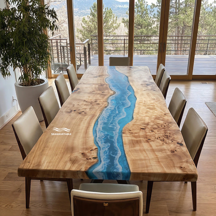 Poplar epoxy dining table exhibited in a professional showroom, highlighting the live-edge design, flowing blue resin river, and premium wood grain - SeawaveTable