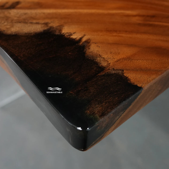 Close-up of a live-edge dining table showing the organic edge - SeawaveTable