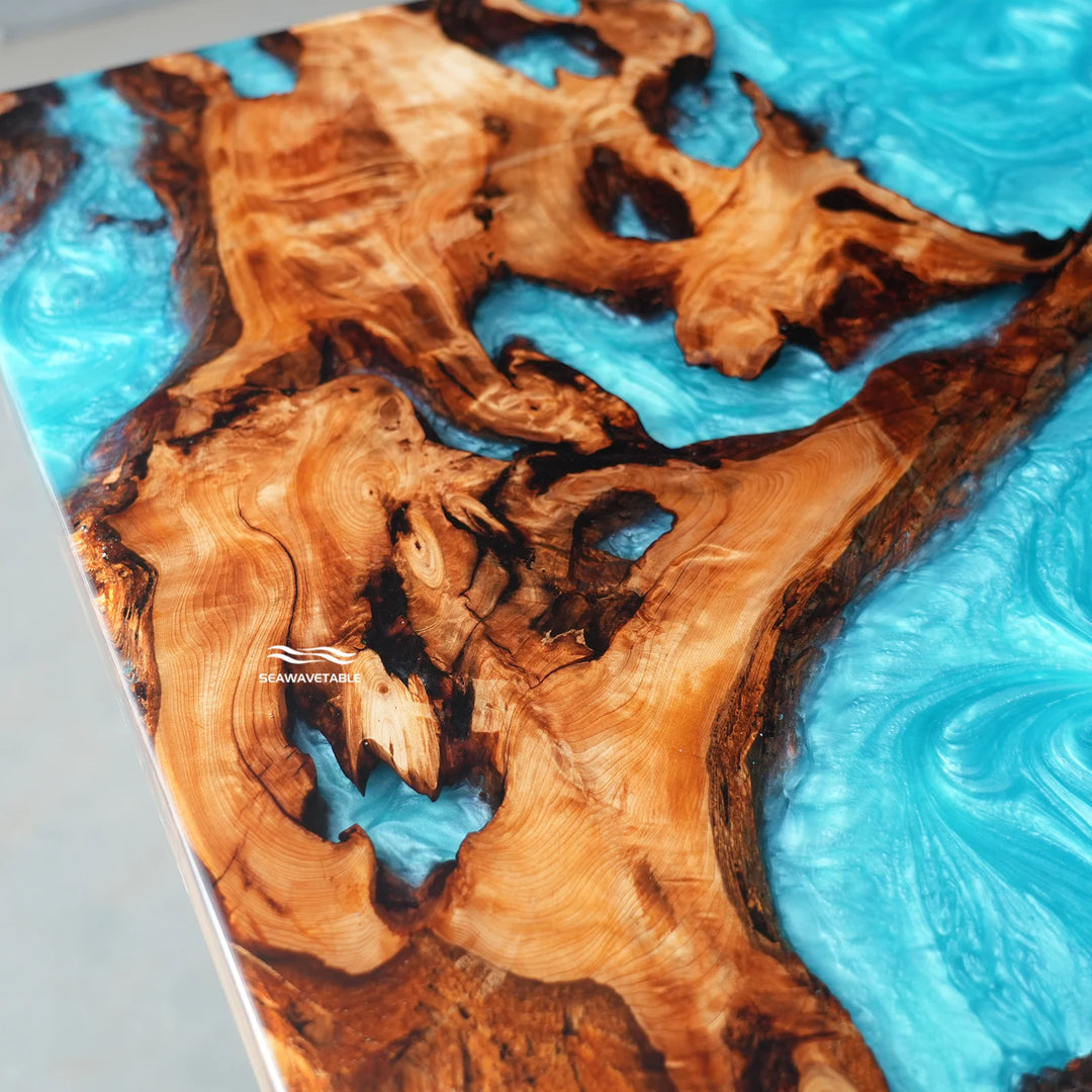 Macro shot of the Cunninghamia table top showing the combination of natural wood grain and crystal-clear epoxy table resin craftsmanship - SeaWaveTable