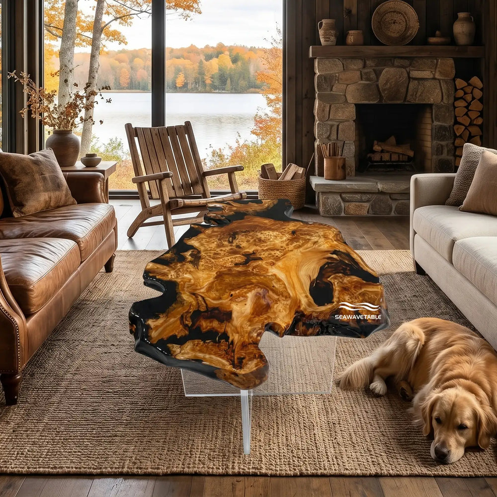 Custom cunninghamia wooden coffee table with a striking black resin inlay, positioned in a cozy living room setting with warm lighting and soft decor - SeawaveTable