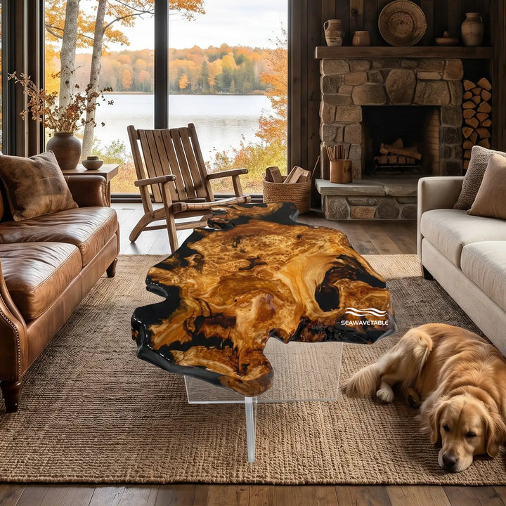 Custom cunninghamia wooden coffee table with a striking black resin inlay, positioned in a cozy living room setting with warm lighting and soft decor - SeawaveTable