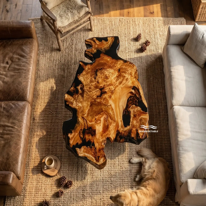 A handcrafted resin table made from cunninghamia wood with live-edge character, styled in a spacious living area beside a comfortable sofa and rug - SeawaveTable