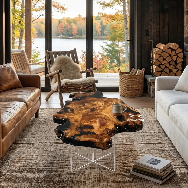 A live-edge cunninghamia epoxy coffee table with a dark resin river flowing through the center, placed in a bright modern living room with natural light and contemporary furniture - SeawaveTable
