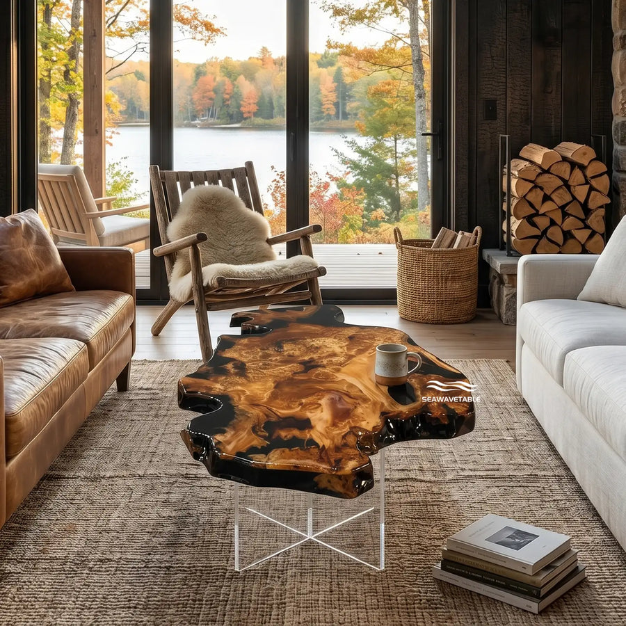A live-edge cunninghamia epoxy coffee table with a dark resin river flowing through the center, placed in a bright modern living room with natural light and contemporary furniture - SeawaveTable
