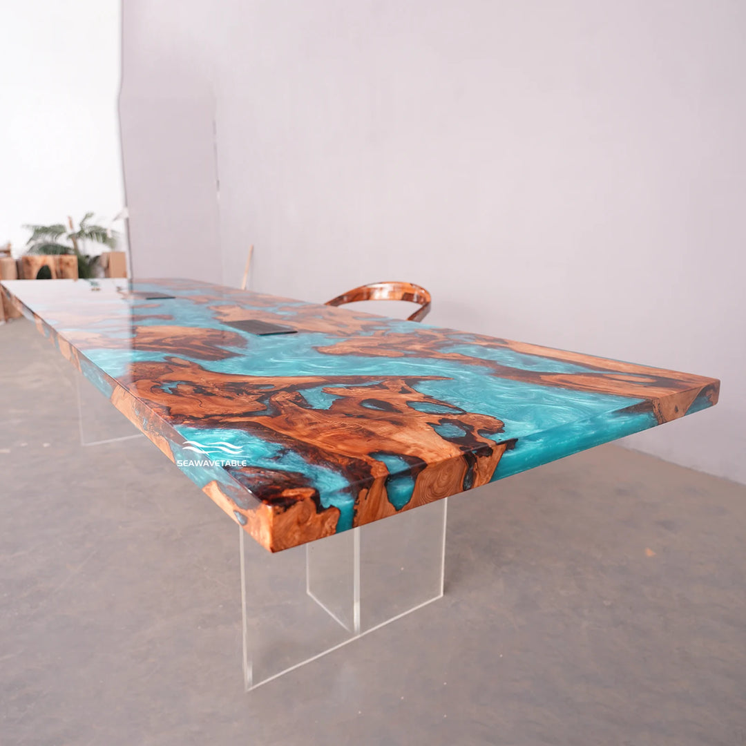 A large Cunninghamia epoxy table top with turquoise resin details, showing the premium conference table designed for modern offices - SeaWaveTable