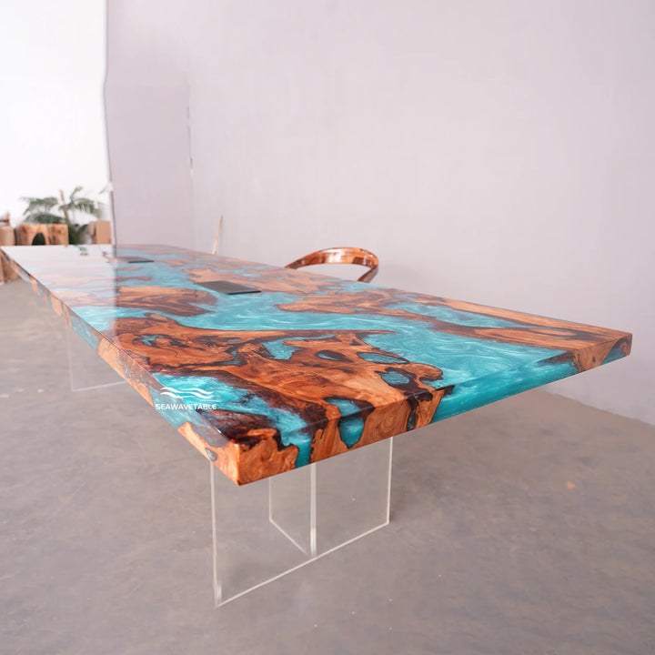 A large Cunninghamia epoxy table top with turquoise resin details, showing the premium conference table designed for modern offices - SeaWaveTable
