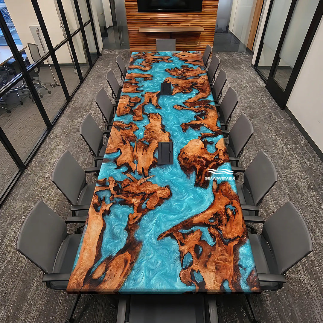 A contemporary corporate conference room showcasing a handcrafted epoxy table with a unique Cunninghamia wood table top, elegant resin details, and integrated power hubs for meetings - SeaWaveTable