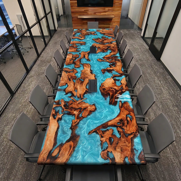 A contemporary corporate conference room showcasing a handcrafted epoxy table with a unique Cunninghamia wood table top, elegant resin details, and integrated power hubs for meetings - SeaWaveTable
