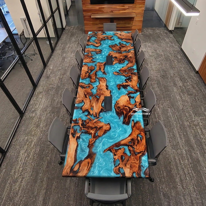 A luxury workspace with a custom Cunninghamia epoxy table featuring a vibrant turquoise resin river table top, combining natural wood textures with functional conference furniture design - SeaWaveTable