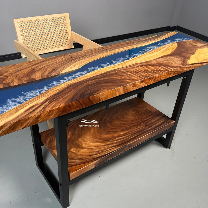 Walnut epoxy dual-layer console table exhibited in a professional showroom, highlighting the double-tier design and glossy resin surface finish - SeawaveTable
