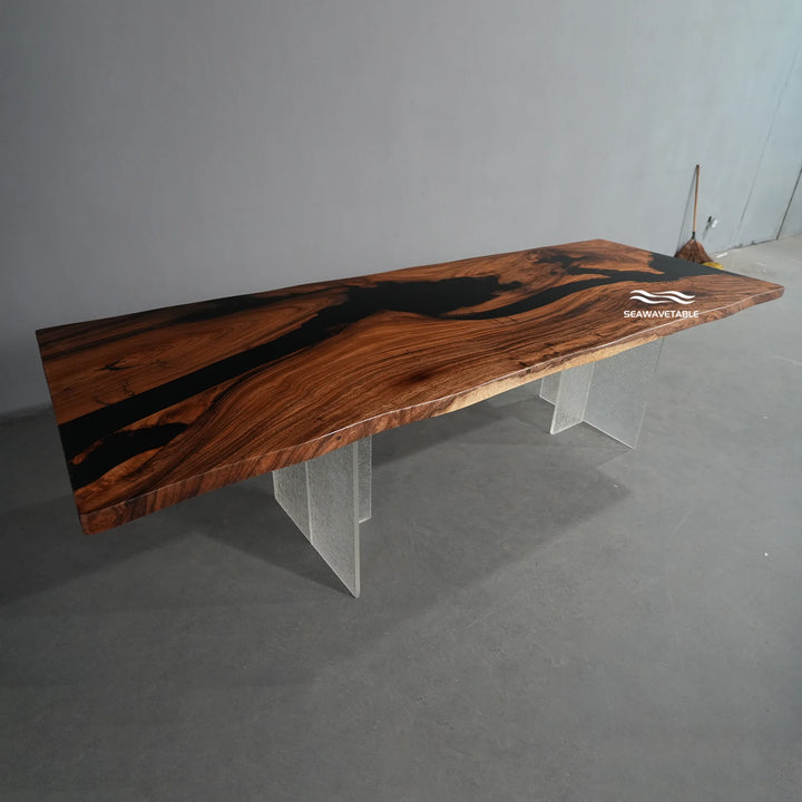 A wood dining table display featuring walnut slab with black epoxy inlay, showcased in a bright studio setting for interior design presentation - SeawaveTable