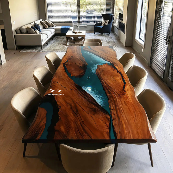 A large live-edge walnut epoxy dining table with a glossy blue resin river flowing through the center, surrounded by beige upholstered dining chairs in a bright modern living room with large windows and warm natural light - SeawaveTable