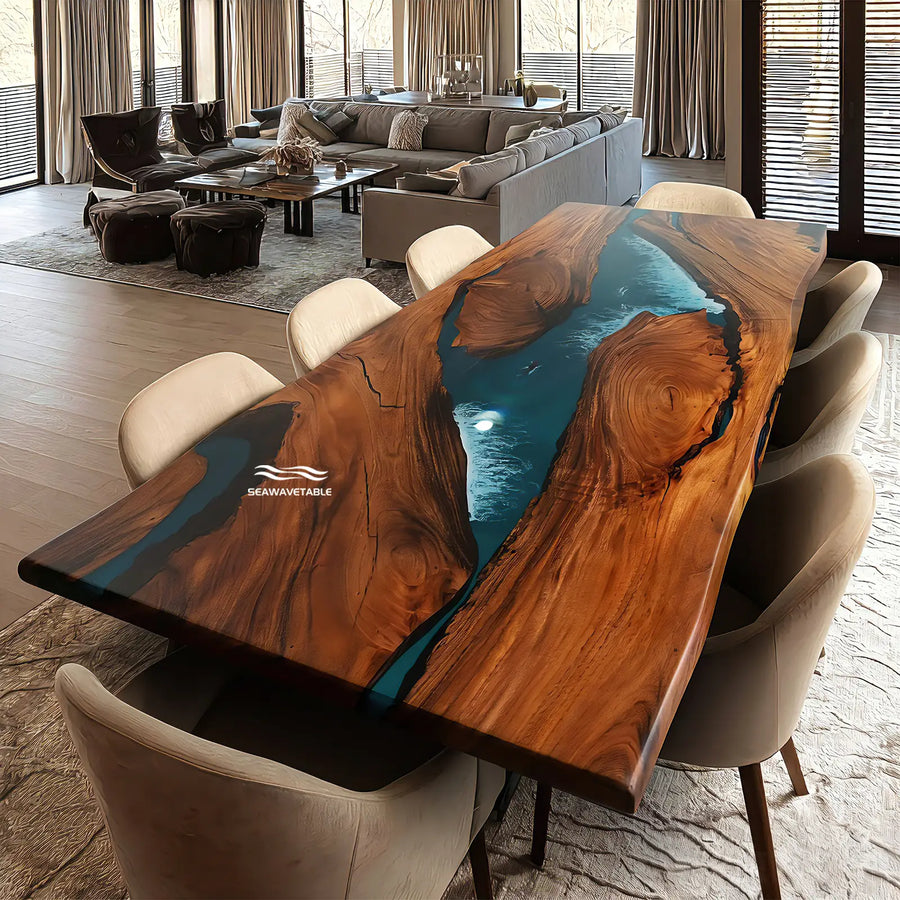 Custom solid wood dining table featuring a rich walnut slab with flowing blue resin channel, placed in a contemporary dining space with beige seating and soft ambient lighting - SeawaveTable