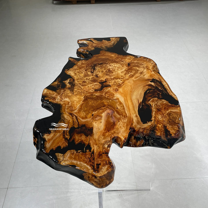 Cunninghamia epoxy coffee table exhibited in a professional showroom, highlighting the live-edge design and glossy resin surface finish - SeawaveTable