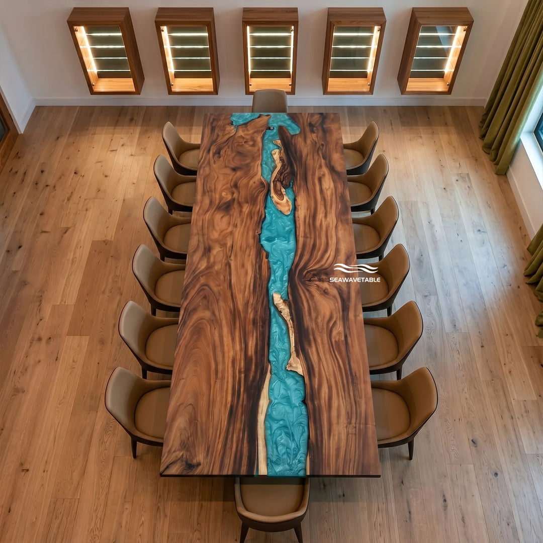 A large rectangular live-edge dining table made of rich brown wood with a turquoise river design running down the center, surrounded by brown upholstered chairs in a modern dining room with wood floors and built-in wine cabinets.