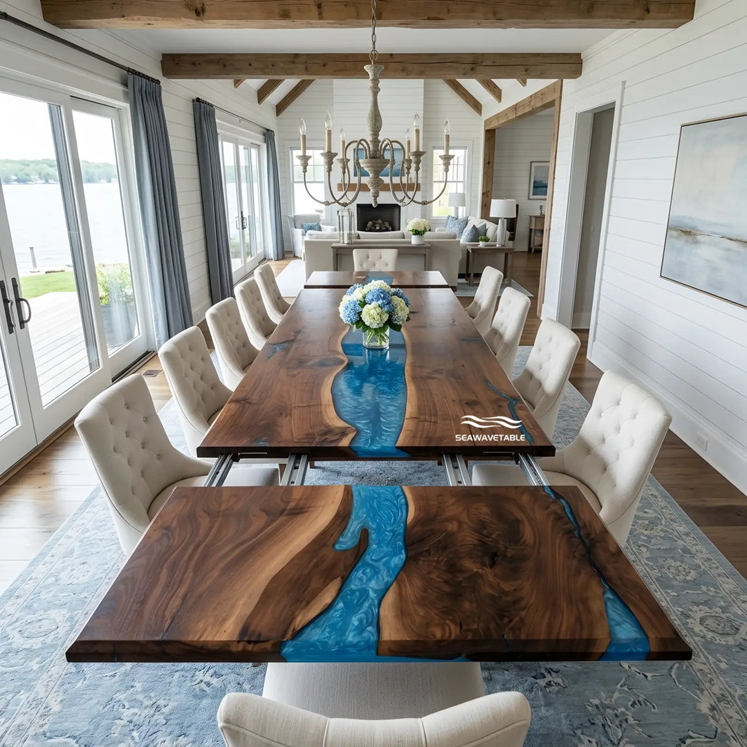 Seawavetable-Solid black walnut extendable dining table, stunning blue epoxy river, exquisite beveled edge, full high-gloss finish for family gatherings