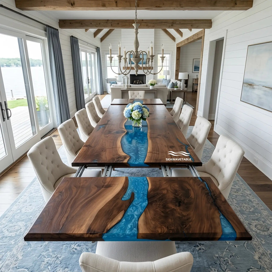 Seawavetable-Solid black walnut extendable dining table, stunning blue epoxy river, exquisite beveled edge, full high-gloss finish for family gatherings