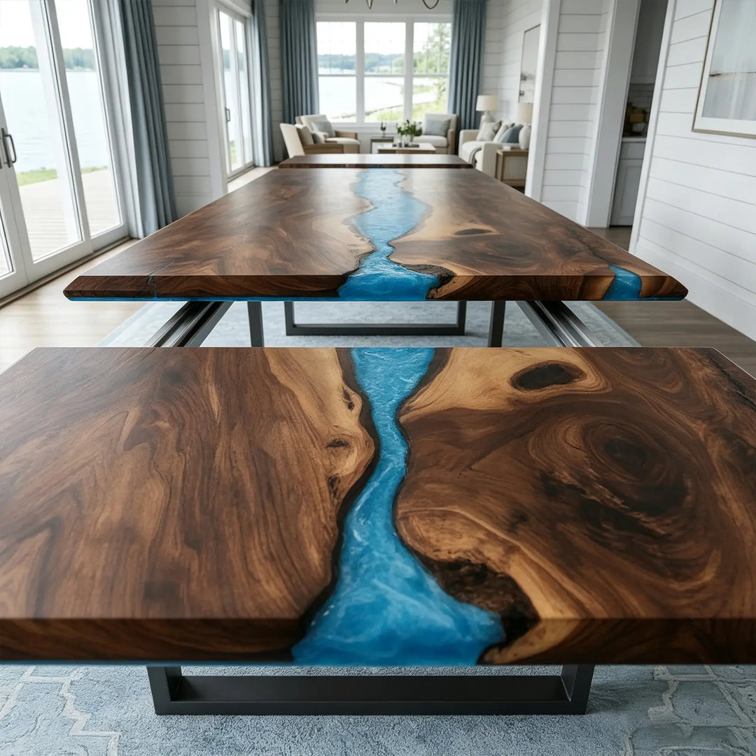 Seawavetable-Premium kiln dried solid black walnut slab expandable table, seamless continuous blue resin river