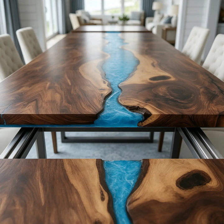 Seawavetable-Modern black walnut dining centerpiece, bright blue flowing epoxy resin, polished glossy surface