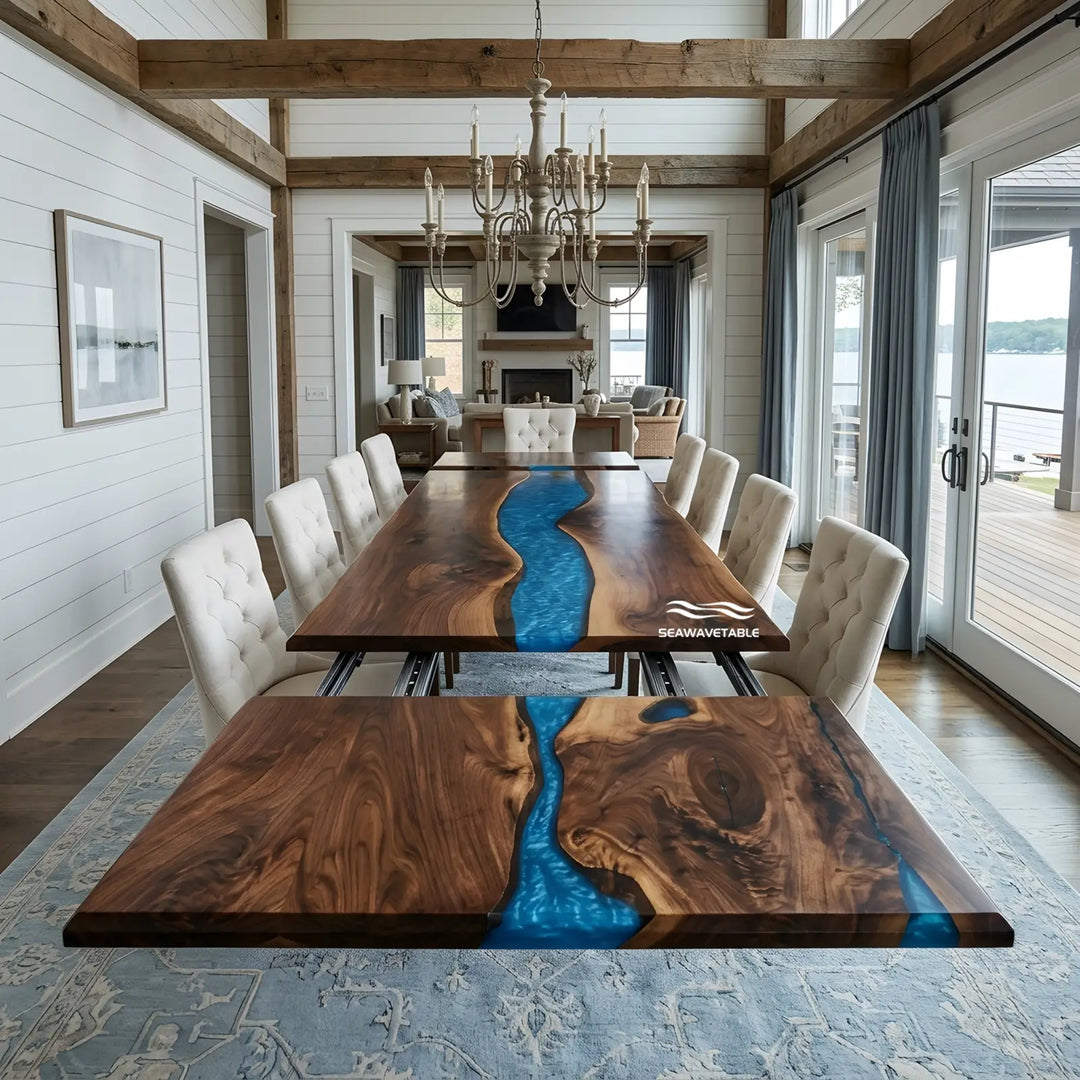 Seawavetable-Handcrafted black walnut river table, dual-side fold-out expandable design with vibrant glossy blue resin