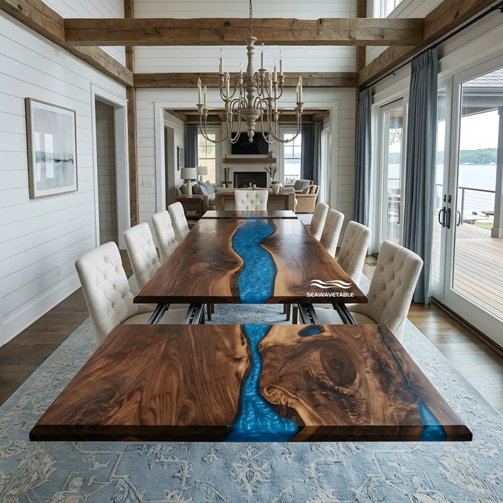 Seawavetable-Handcrafted black walnut river table, dual-side fold-out expandable design with vibrant glossy blue resin