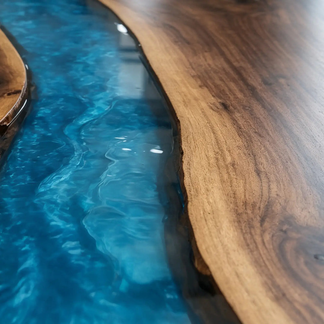 Seawavetable-Elegant beveled edge walnut table, vivid blue epoxy river art for open concept home dining space