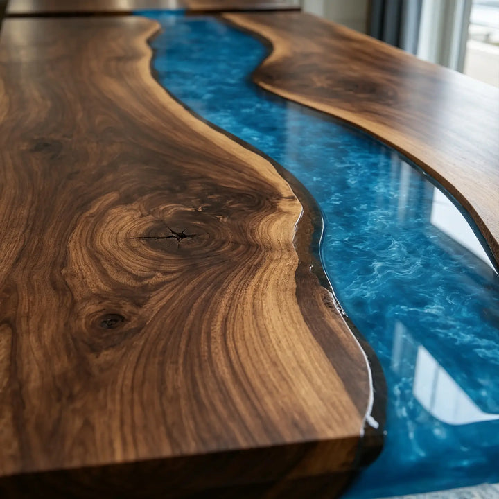 Seawavetable-Handmade luxury epoxy wood table, solid black walnut with full high-gloss polished finish