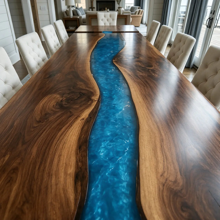 Seawavetable-Unique handcrafted river table, solid black walnut slab and seamless blue epoxy river pattern
