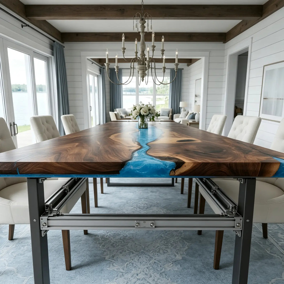 Seawavetable-Luxury extendable epoxy dining table, closeup of beveled edge and flowing blue epoxy river grain detail