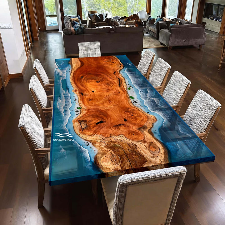 Seawavetable-Georgia Coastal Ocean Wave Resin Beech Wood Table full view