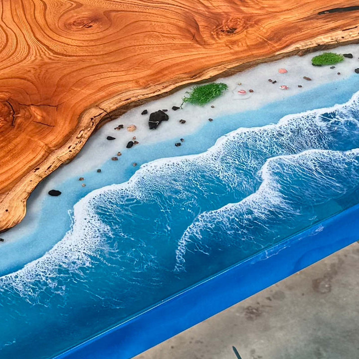 Seawavetable-Resin tabletop with balanced river-style layout and natural wood