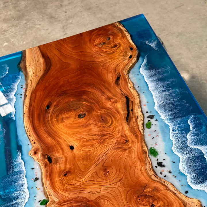 Seawavetable-Side angle of Coastal Ocean Wave Resin Table in modern dining room