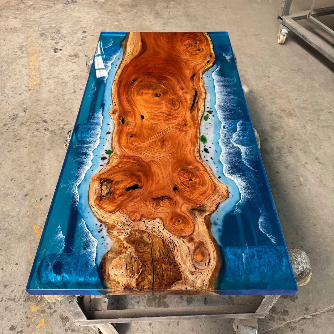Seawavetable-Glossy resin table reflecting light in Georgia home interior