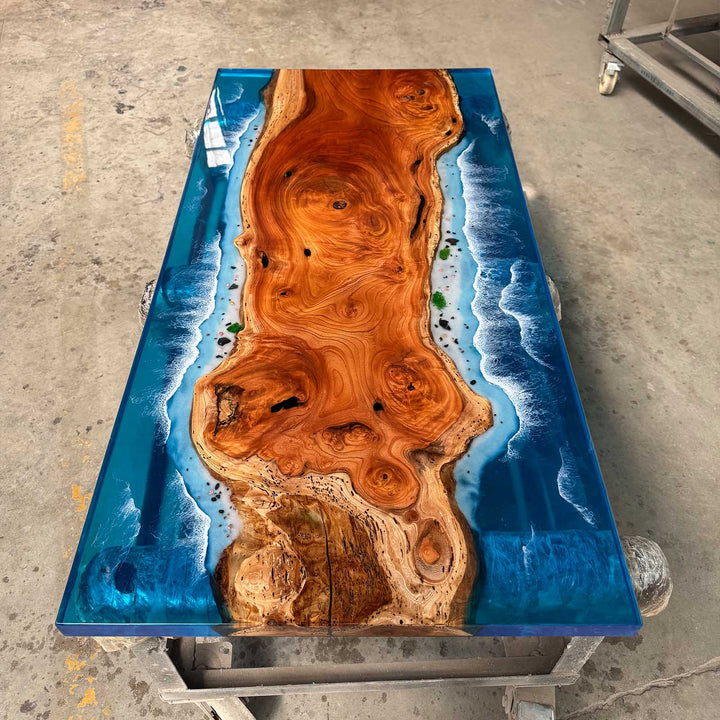 Seawavetable-Glossy resin table reflecting light in Georgia home interior
