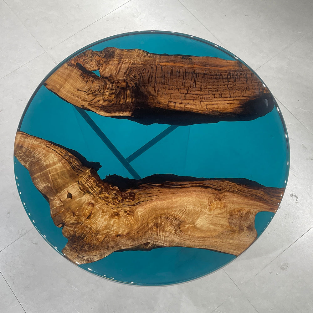 Seawavetable-Round artisan table with vibrant blue epoxy river