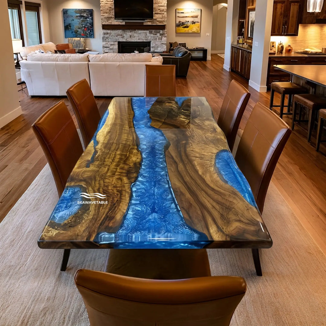 Seawavetable-Golden camphor wood slight live edge dining table blue layered epoxy glossy finish ready to ship