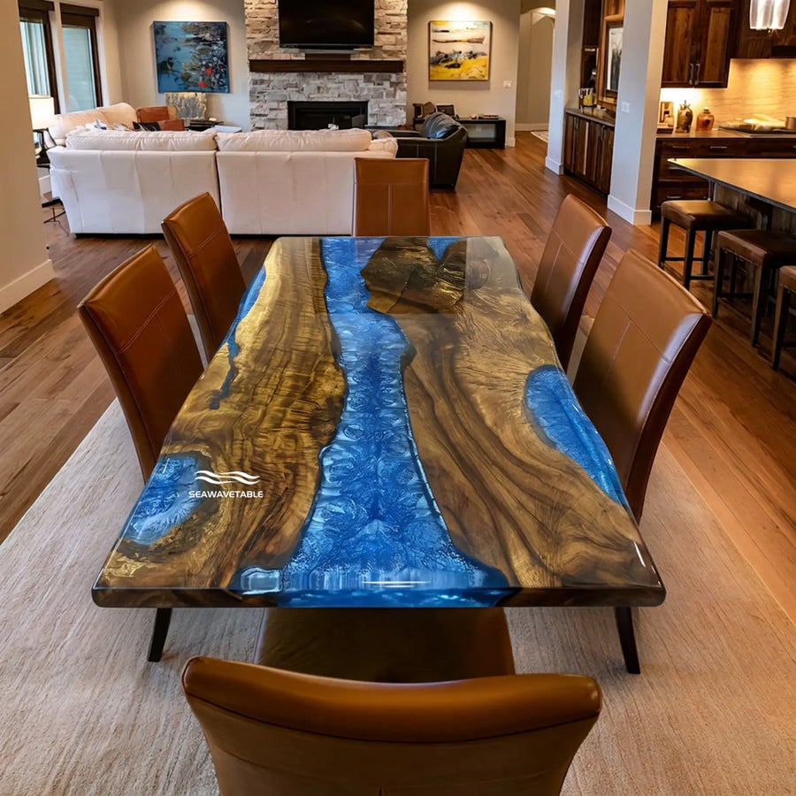Seawavetable-Golden camphor wood slight live edge dining table blue layered epoxy glossy finish ready to ship