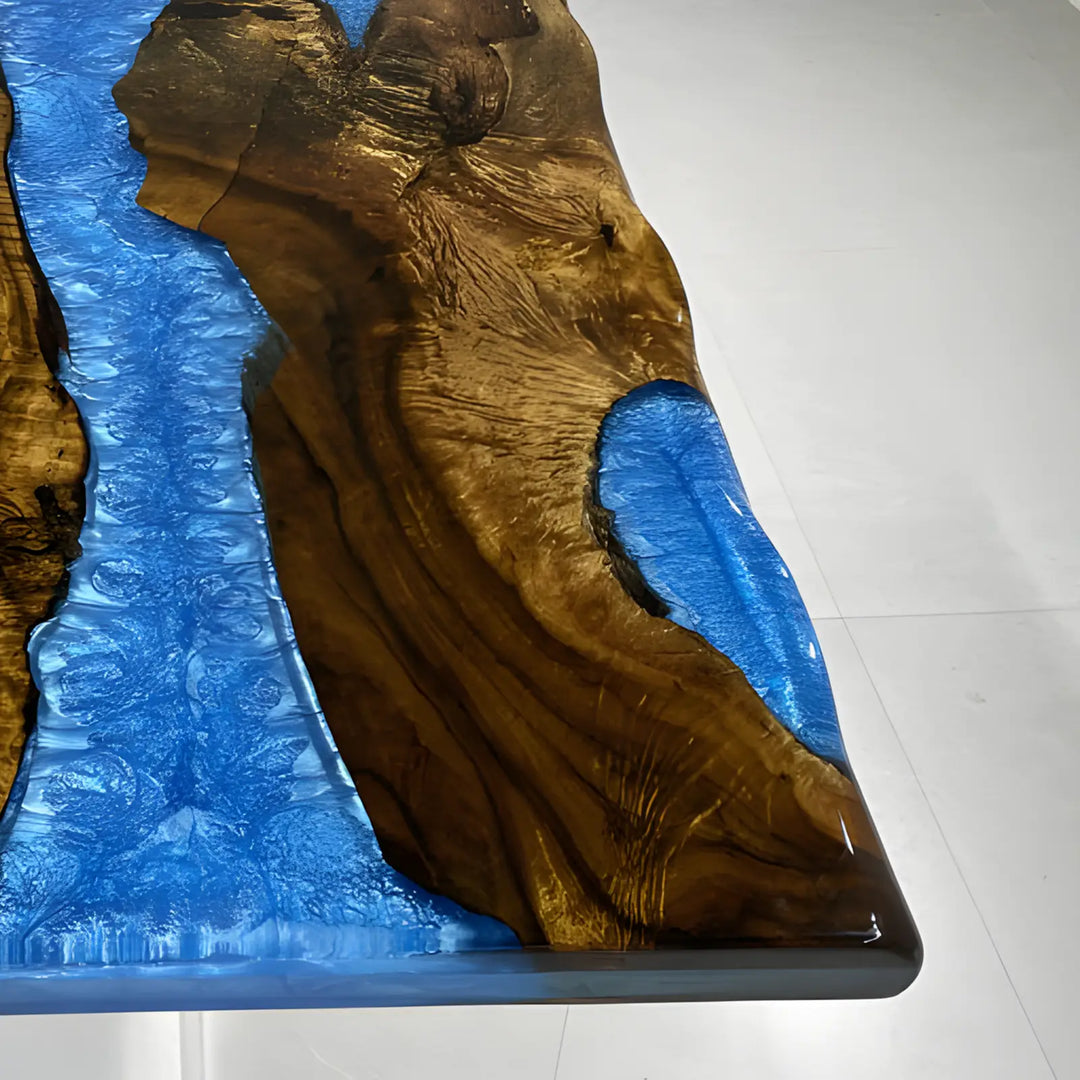 Seawavetable-Glossy layered blue epoxy dining table made from solid golden camphor wood quick delivery