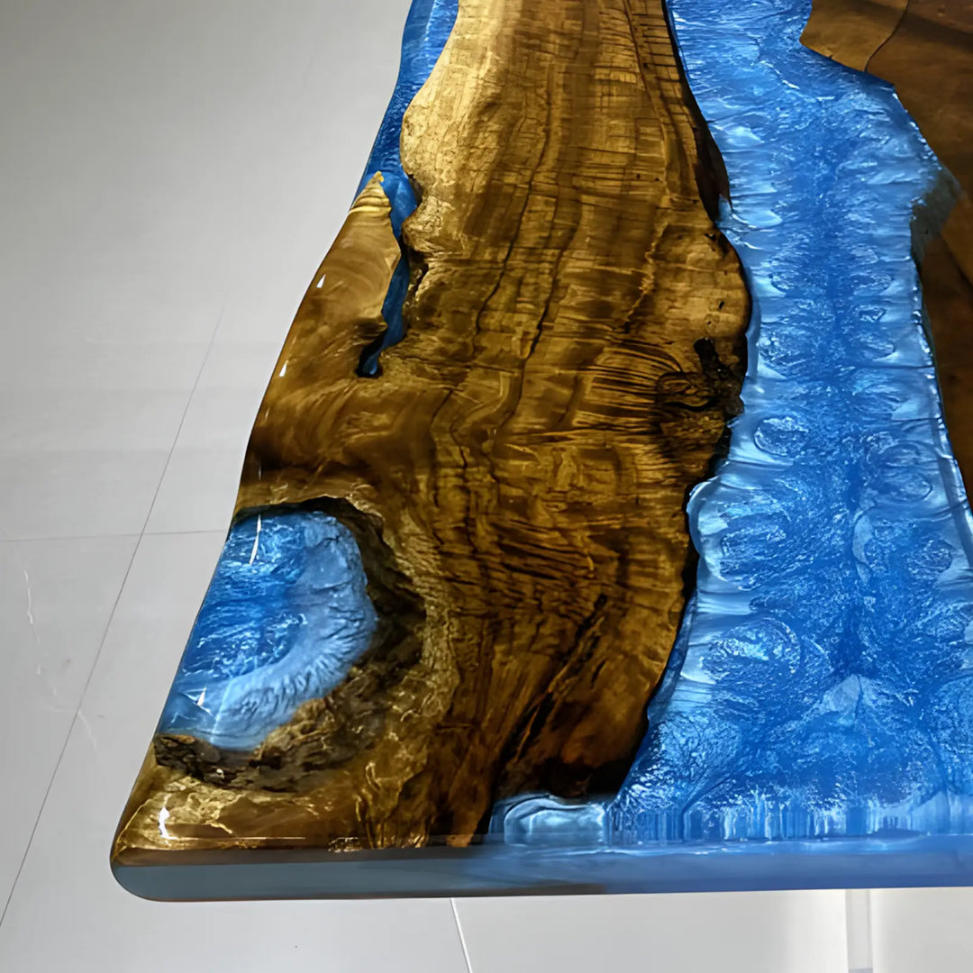 Seawavetable-Ready to ship golden camphor wood epoxy table for compact dining space