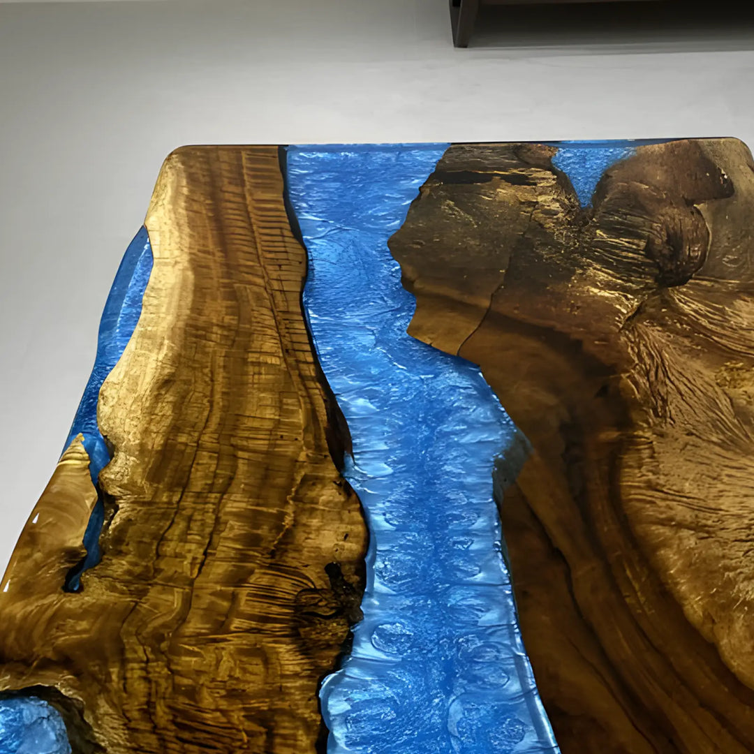 Seawavetable-Layered blue resin river dining table natural slight live edge golden camphor in stock