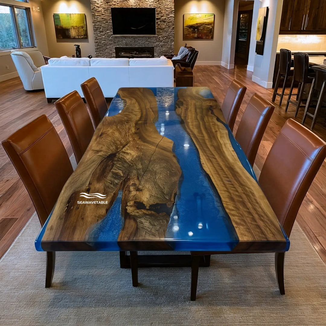 Seawavetable-Solid golden camphor wood epoxy river table with blue base and clear top resin in stock