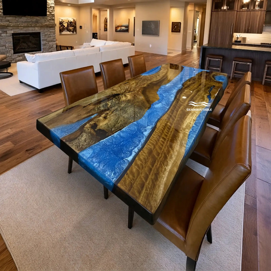 Seawavetable-Handmade small size epoxy dining table golden camphor wood blue resin river fast shipping