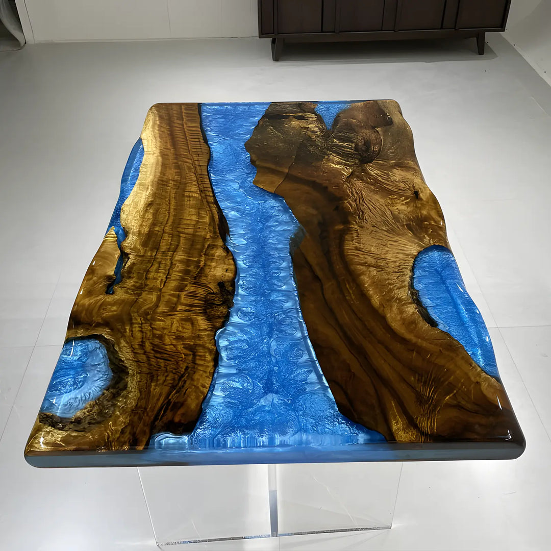 Seawavetable-Gloss finish golden camphor table showcasing layered blue transparent resin ready for delivery