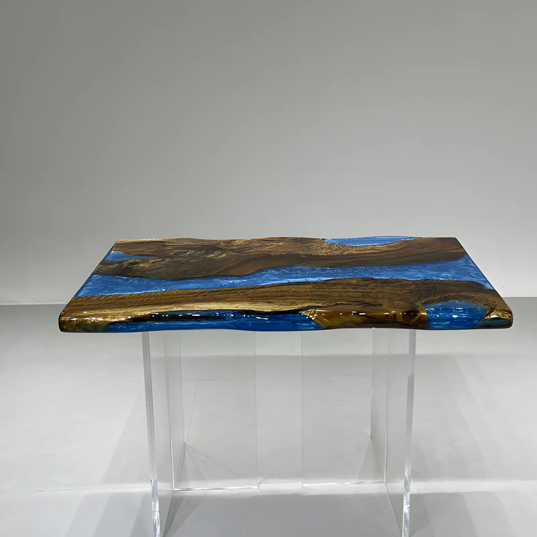 Seawavetable-Artisan crafted slight live edge table vibrant blue layered epoxy resin fast dispatch