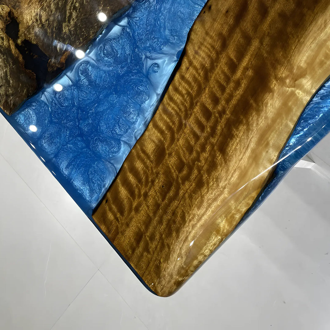 Seawavetable-Golden camphor wood dining table crystal clear top resin overlay blue base in stock
