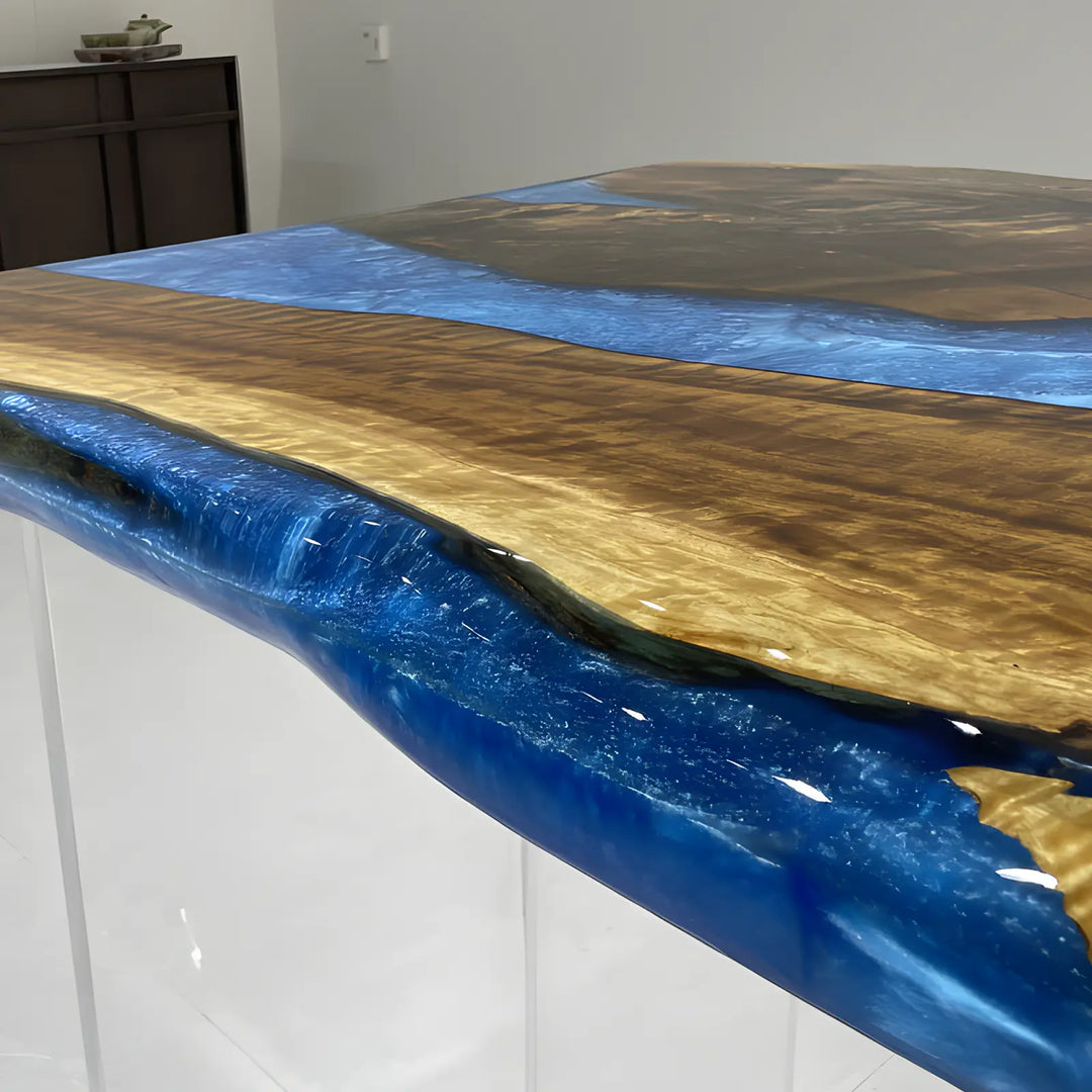 Seawavetable-Unique small live edge river table golden camphor and multi-layer blue epoxy ready for shipping